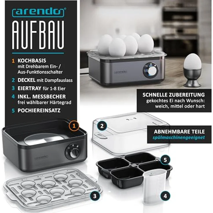 Arendo Eierkocher Edelstahl für 1 bis 8 Eier - Egg Cooker - 500 W ? Kontroll Leuchte ? Drehregler für drei Härtegrade - spülmaschinengeeignet | Cool Grey – Bild 4