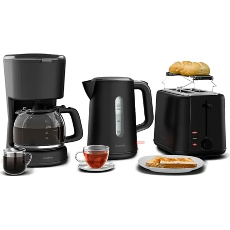Klarstein Velaire Frühstücksset, Toaster 2 Scheiben mit Brötchenaufsatz, Wasserkocher 1,7L, Filterkaffeemaschine 10 Tassen, 7 Bräunungsstufen, Warmhaltefunktion, Glas-Kanne
