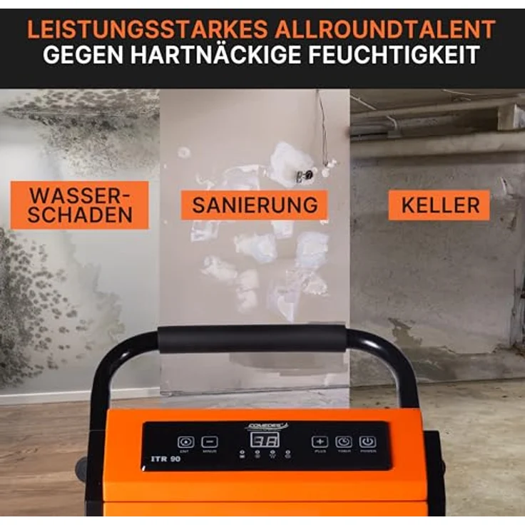 Comedes Bautrockner Luftentfeuchter ITR 90 mit 90 Liter/24h und Drainagepumpe, für Räume und Keller bis 150m²/345m³, Metallgehäuse – Bild 3