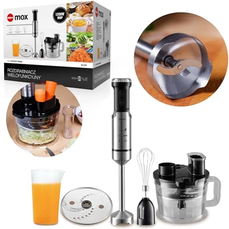Eldom Stabmixer, Multifunktionsmixer Elektrische Stabmixer Container mit Schredder 1,25l und 700ml Messbecher, 12 Geschwindigkeiten & Turbo-Taste, 1000w Leistung, silber/schwarz