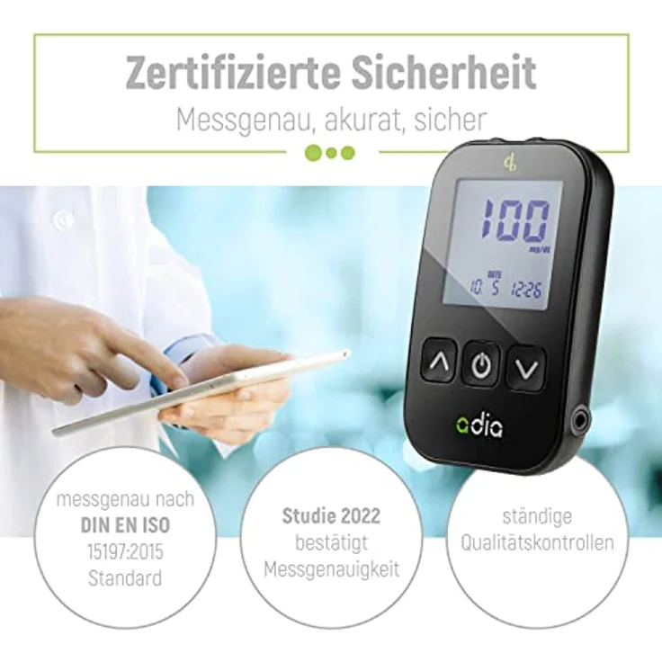 adia Diabetes-Starter-Set inkl. Blutzuckermessgerät (mg/dl) mit 110 Blutzuckerteststreifen, Stechhilfe und Lanzetten – Einfache Selbstkontrolle bei Diabetes – Bild 4