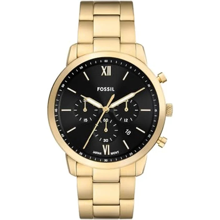 Fossil Herren Analog Quarz Uhr mit Edelstahl Armband FS6093, 44mm Gehäuse, schwarzes Zifferblatt, goldfarben – Bild 1