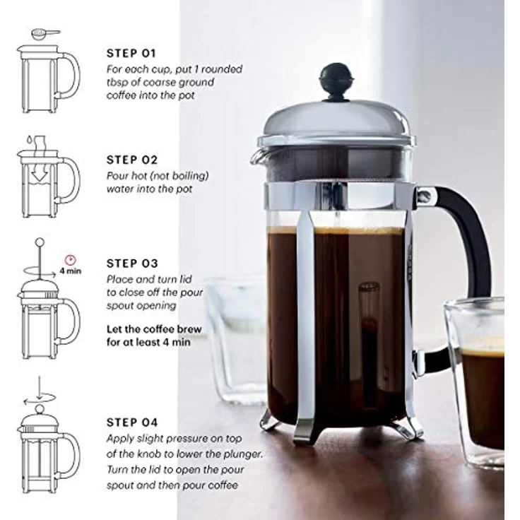 Bodum Chambord Kaffeebereiter 8 Tassen mit Metallrahmen, Chrom, Schwarz, 10.6 x 17.1 x 24.5 cm – Bild 4