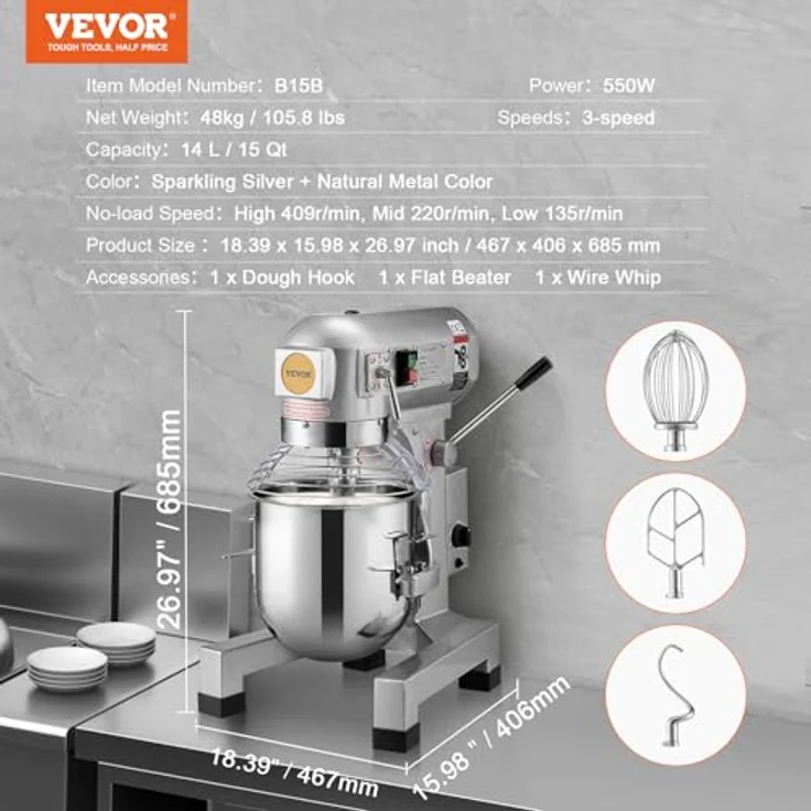 VEVOR Kommerzieller Küchenmixer B15B, 14 l Standmixer mit 3 Geschwindigkeiten, 550 W, Edelstahl-Schüssel und 3 Aufsätzen, funkeln Silber – Bild 7