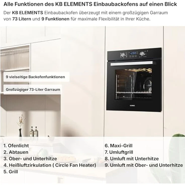 KB ELEMENTS Gas Herdset, 60cm Einbaubackofen mit 5-flammigem Gaskochfeld, Timer, Kindersicherung, Grill, Heißluft und AQUA CLEAN – Bild 2