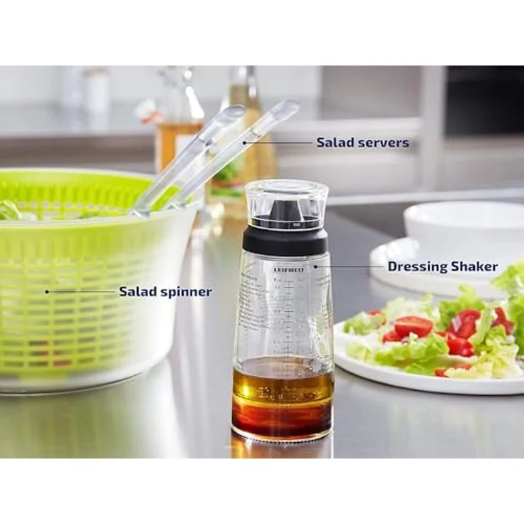 Leifheit Dressing Shaker, hochwertige Glasflasche mit verschiedenen Rezepten für Salatdressings, Messbecher mit tropffreien Ausguss, spülmaschinengeeigneter Dressingbehälter – Bild 5