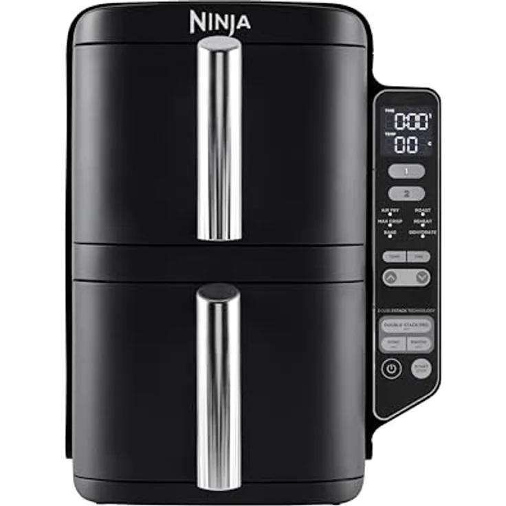 Ninja Double Stack Heißluftfritteuse, 7,6 L Airfryer, Doppelkorb-Heißluftfritteuse mit 4 Kochstufen, 2 Schubladen, 2 Gestelle, platzsparendes Design, 6 Kochfunktionen, 6 Portionen, Schwarz
