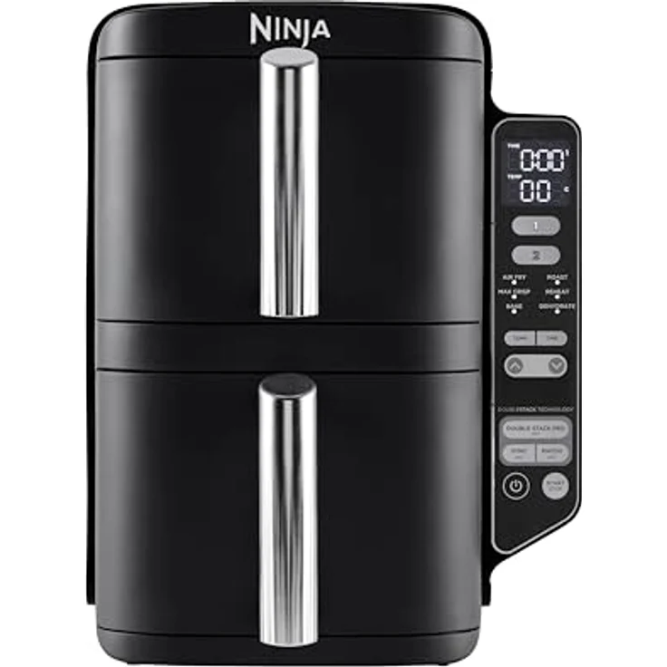 Ninja Double Stack Heißluftfritteuse, 7,6 L Airfryer, Doppelkorb-Heißluftfritteuse mit 4 Kochstufen, 2 Schubladen, 2 Gestelle, platzsparendes Design, 6 Kochfunktionen, 6 Portionen, Schwarz – Bild 1