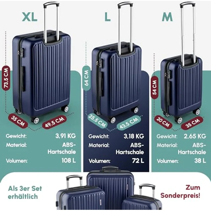 Easy Move ABS Hartschalenkoffer [ERGONOMISCH & SICHER] - Großer Trolley Koffer mit 360° Rädern, Zahlen Schloss - reisekoffer groß, hartschalenkoffer, Luggage (Dark Blue, L) – Bild 5