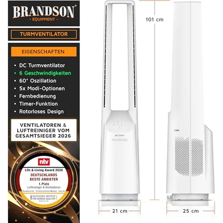 Brandson 308409 Turmventilator, rotorlos, 33W DC-Motor, 6 Geschwindigkeiten, 5 Modi, 60° Oszillation, Fernbedienung, Timer – Bild 2
