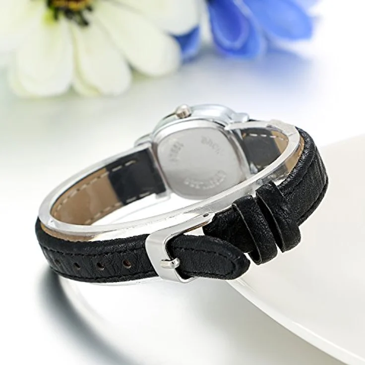 JewelryWe Damen Analog Quarz Armbanduhr, wasserfest, schwarzes Lederband, klassisches Design mit weißem quadratischen Zifferblatt – Bild 4