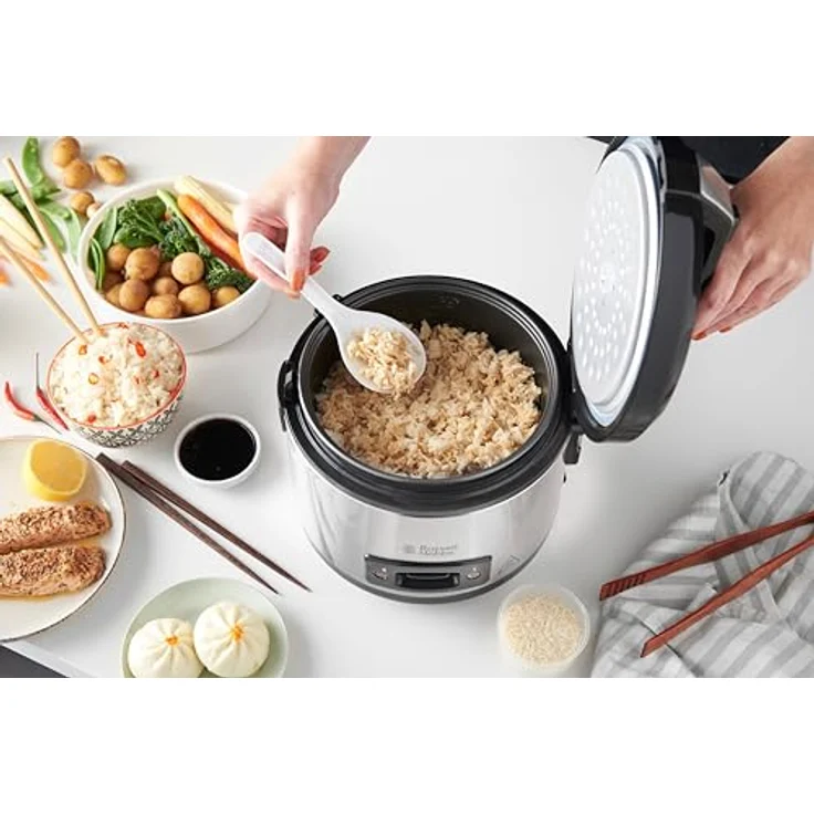 Russell Hobbs Reiskocher 1,2l inkl. Dampfgarer-Einsatz mit Aroma-Klappdeckel Warmhaltefunktion, antihaftbeschichteter Gartopf, Reislöffel & Messbecher edelstahl 27080-56  – Bild 3