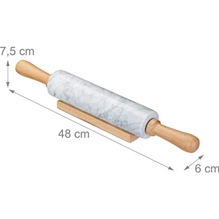 Relaxdays Nudelholz Marmor, Griffe aus Holz, Teigroller zum Kochen & Backen, mit Ablage, 48 cm, schwere Backrolle, weiß – Bild 4