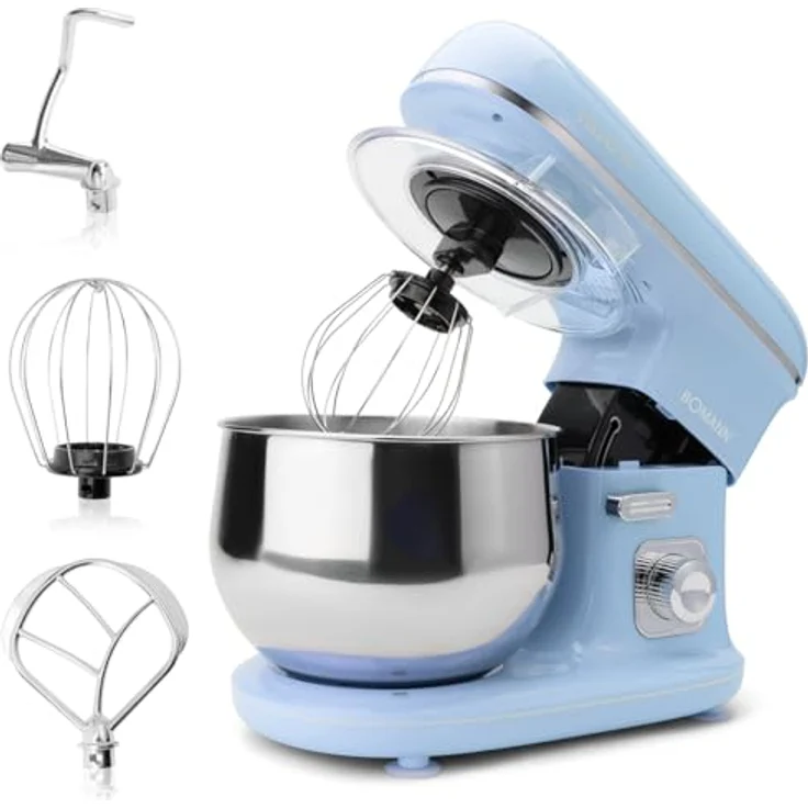 Bomann KM 6030 CB Knetmaschine inkl. transparentem Spritzschutzdeckel mit Nachfüllöffnung, 1100 Watt, 5 Liter, schwenkbarer Multifunktionsarm, blau – Bild 2