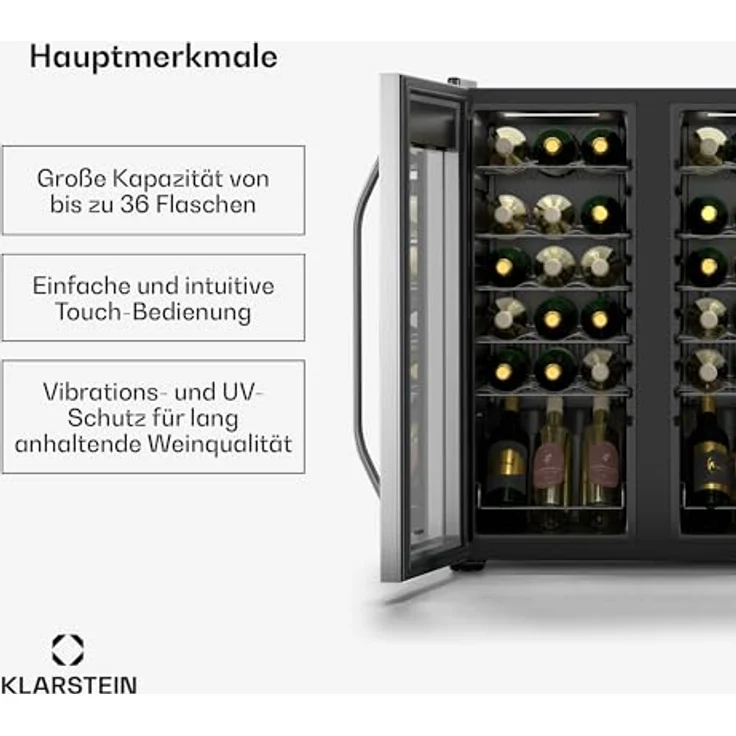 Klarstein Vinamour Weinkühlschrank 36 Flaschen – 2 Zonen, Touch-Steuerung, LED, Edelstahl-Doppeltür, UV-Schutz, freistehend – Bild 2