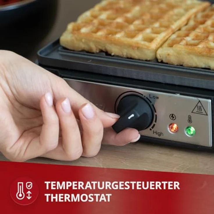 MPM MGO-24 Professionelles Waffeleisen für 2 Dicke belgische Waffeln, Antihaftplatten, automatische Temperaturregelung, schwarz, 1400W – Bild 4
