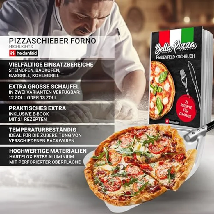 Heidenfeld Premium Pizzaschieber Forno | Pizzaschaufel perforiert - Große Fläche 34.0 x 33.0 cm - Griff ergonomisch 31.0 cm - Pizza Zubehör - Pizzapfanne (Forno 13 Zoll) - Satinierter Griff, temperaturbeständig, rostfrei – Bild 2
