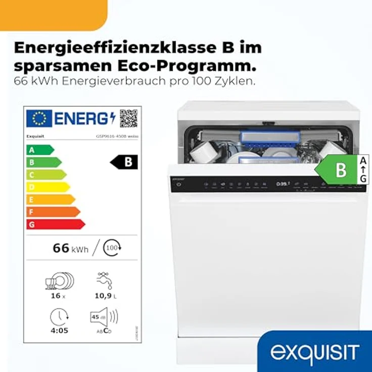 Exquisit GSP9616-450B, Stand-/Unterbau-Geschirrspüler mit 16 Maßgedecken, Energieklasse B, 45 dB, 8 Programme, Besteckschublade, halbe Beladung, weiß – Bild 2