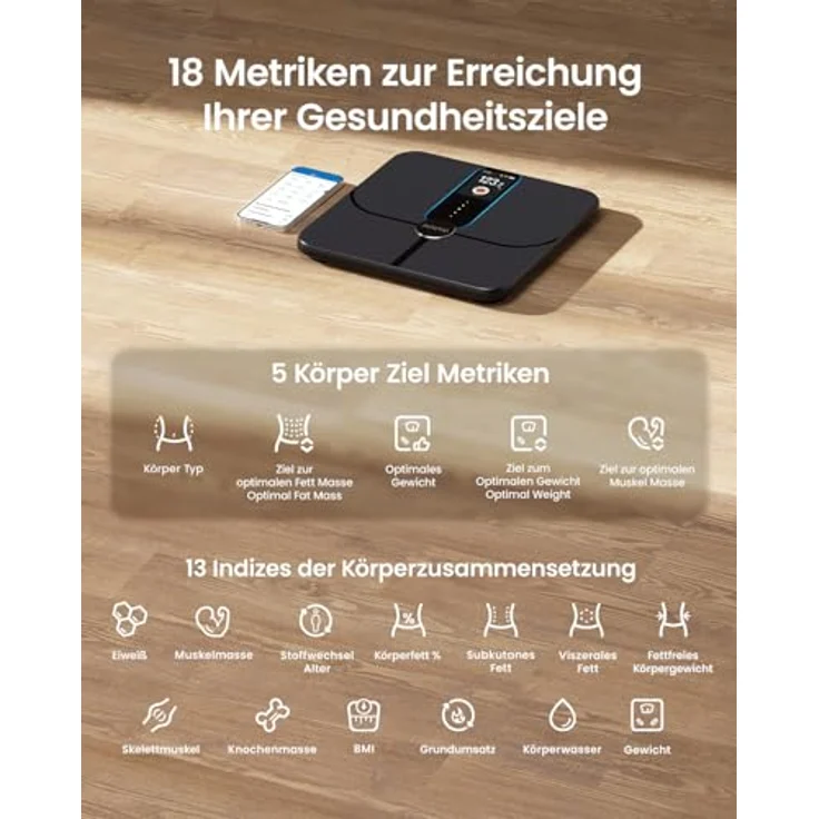 RENPHO Körper-Analyse-Waage Elis Nova WIFI Smart Body Scale A031, Körperfettwaage mit 13 Körpermessungen & 5 Gesundheitszielen, TFT-Display & App-Konnektivität, weiß – Bild 2