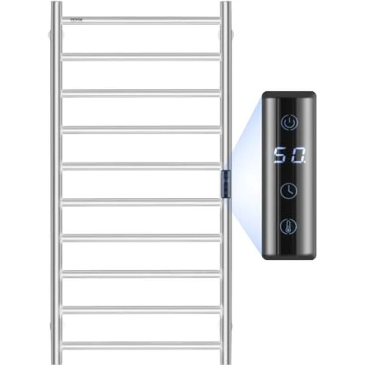 VEVOR Handtuchtrockner Heizkörper, 10 Stangen Handtuchwärmer mit Timer und LED-Anzeige, 5 Temperaturstufen, wasserdicht, Wandmontage, Silber – Bild 1