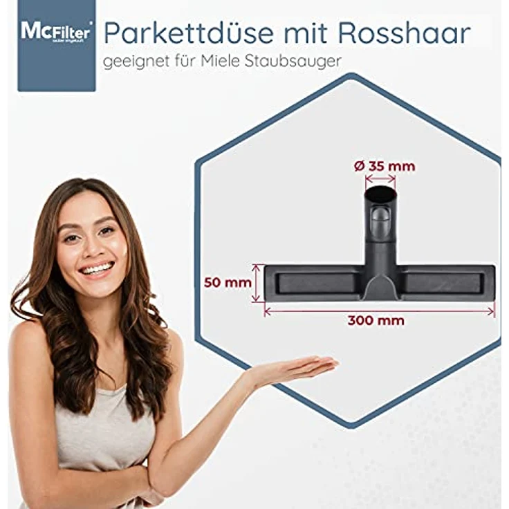 McFilter Parkettdüse für Miele S8340 S8360 S8730, Hartbodendüse mit 35mm Anschluss, Rosshaar und Einrast-Parkfunktion – Bild 4