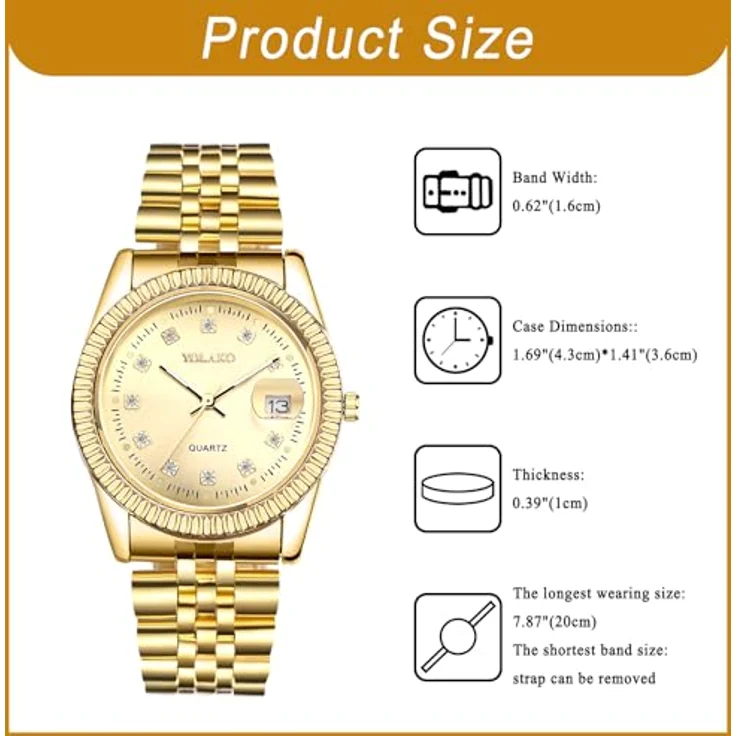 JewelryWe Gold Edelstahl Uhren für Paare, 2er Set Kalender Analog Quarz Armbanduhr mit Diamantskala und Facettiertem Lünette, Partner Freundschaft Geschenk – Bild 4