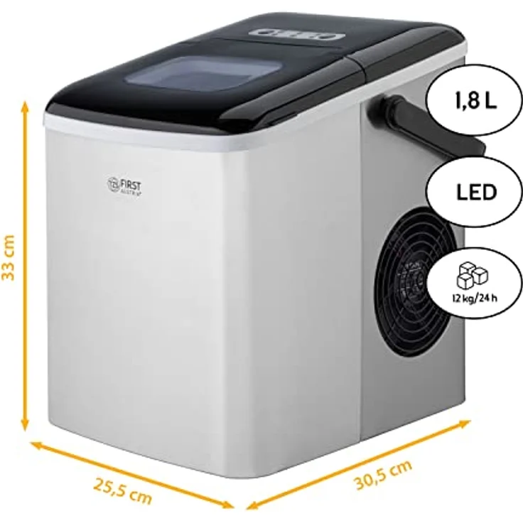 TZS First Austria Eiswürfelmaschine - Edelstahl Ice Cube Maker - 9 Würfel in 7-9 Minuten| Würfel S/L | 12 kg 24 Std | Ice Cube Maker | Eiswürfelbereiter 1,8 L Wassertank, 120W - LED Bedienpanel & tragbarer Griff – Bild 3
