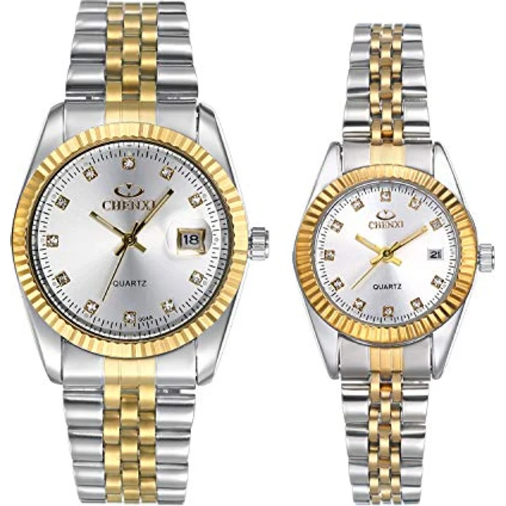 JewelryWe 2pcs Paar Uhr Analog Quarz mit Kalender, 30M Wasserdicht, Edelstahl Armband, Herren Damen Uhr mit Silber Strass Zifferblatt – Bild 1