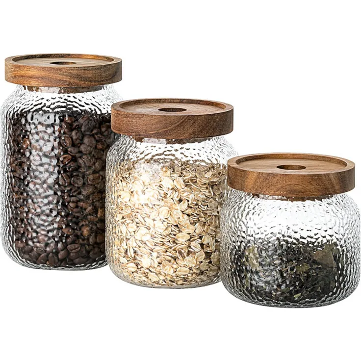 Mulex VISBY Aufbewahrungsset 3tlg. mit Holzdeckel, Vorratsdosen aus Borosilikatglas, transparent, 350 ml, 500 ml, 750 ml