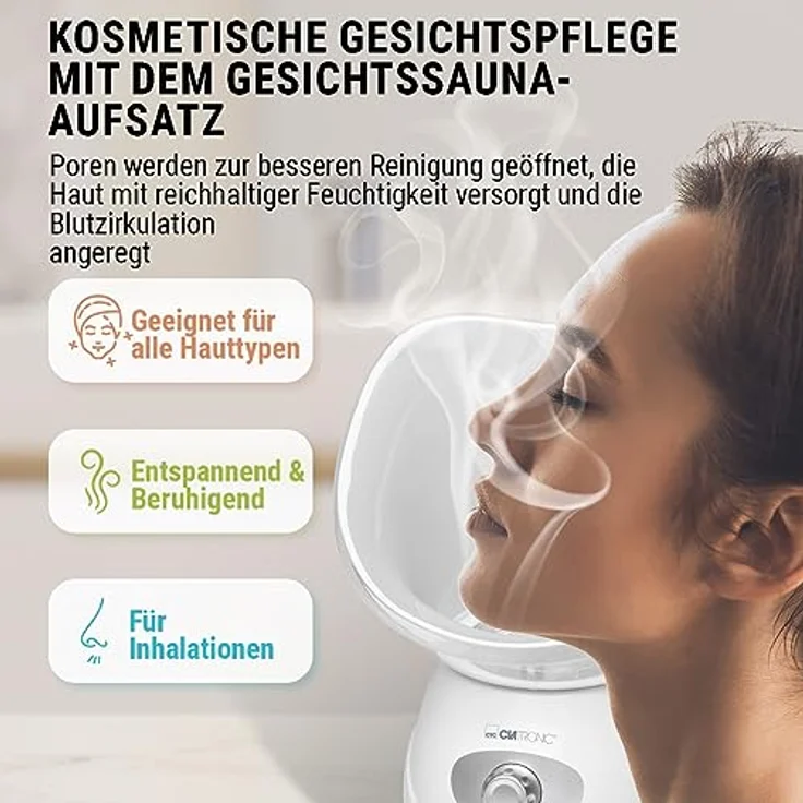 Clatronic® 2in1 Gesichtssauna und Inhalationsgerät | Face Steamer inkl. Aromaaufsatz & Inhalator | zur kosmetischen Gesichtspflege & Inhalation | 3-Stufen für bedarfsgerechte Dampfdosierung | GS 3656 – Bild 2