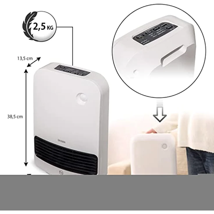 Iris Ohyama, Keramik Heizlüfter / Energiesparende Elektroheizung, Reichweite 90cm, 1500W, Bewegungsmelder für Einsparungen, Timer, Badezimmer, Wohnzimmer - Ceramic Fan Heater JCH-15TD4 - Weiß – Bild 7