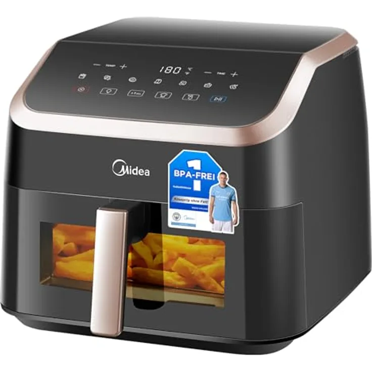 Midea Heißluftfritteuse XXL AirFryer 8.5L, 8-in-1 mit Sichtfenster, max 200°C, Öl-frei, Touchscreen, energiesparend, Antihaftmaterial