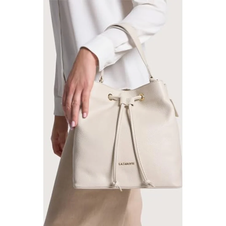 Lazarotti Bologna Leather Beuteltasche, Ledertasche 25 cm mit verstellbarem Umhängeriemen, beige – Bild 6
