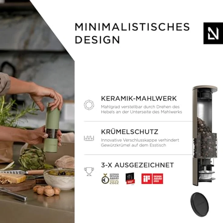 LARS NYSØM Salz und Pfeffer Mühle 2er Set Manuell mit einstellbarem Keramik-Mahlwerk von grob bis fein I Design Gewürzmühlenset (2 Stück) (Greige) – Bild 2