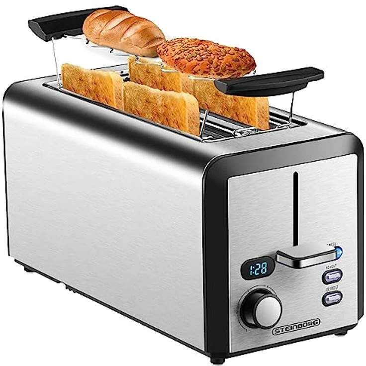 Steinborg Toaster Langschlitz | 4 Scheiben Toastautomat XXL 1500 Watt | 6-Stufen Bräuneregler | Brötchenaufsatz | Auftau-Funktion | Krümelschublade | Edelstahl | Doppelschlitz | LED Display – Bild 1