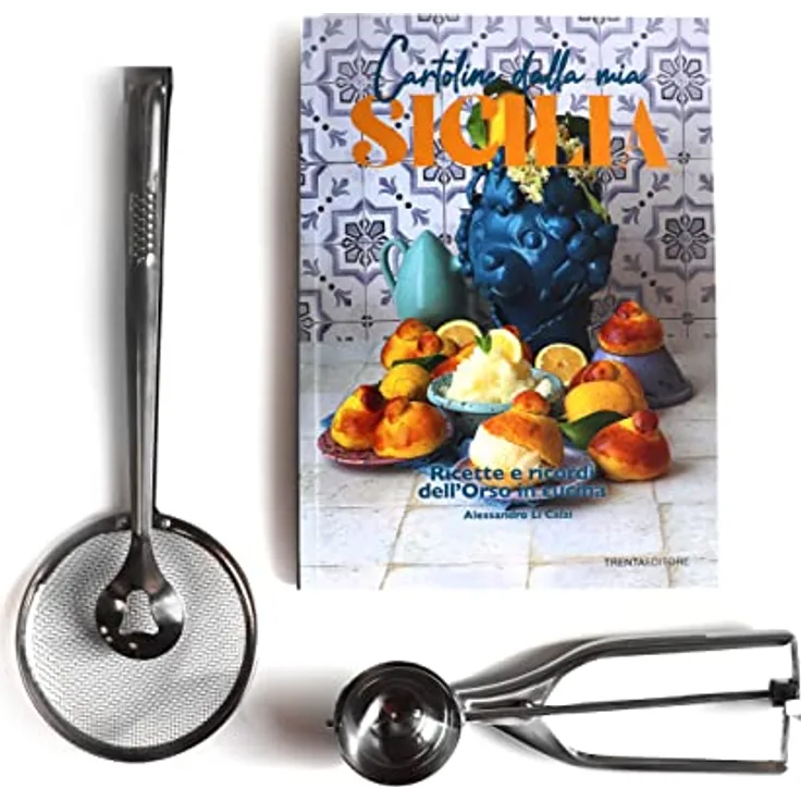 Set Arancini oder Arancine, enthält Buch Postkarten aus meinem Sizilien, ein Eisportionierer aus Edelstahl, eine Zange für gebratene mit gestricktem Schaumlöffel