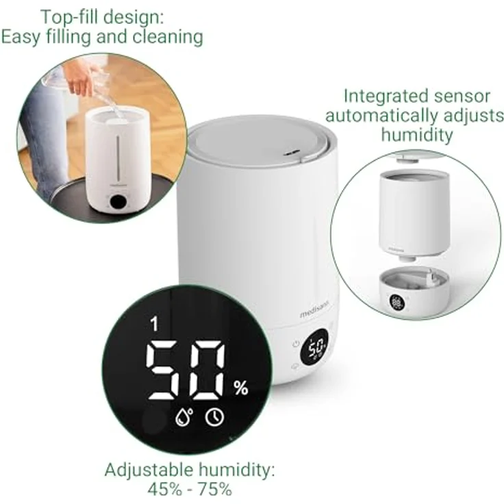 Medisana AH 663 Luftbefeuchter mit Hygrometer und Ultraschall-Technologie, elektrischer Lufterfrischer mit LED-Anzeige, Timer und Schlafmodus, Diffuser für Büro, Schlafzimmer, Wohnzimmer, Kinderzimmer – Bild 4