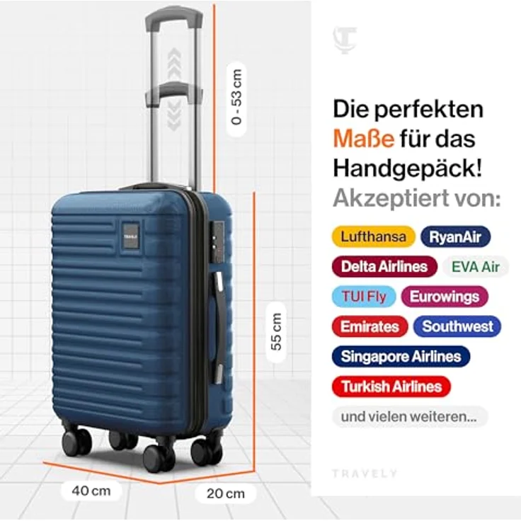Travely Premium Handgepäck Koffer 55x40x20cm - 36L Trolley mit sanften Rollen und TSA Schloss, schwarz – Bild 3