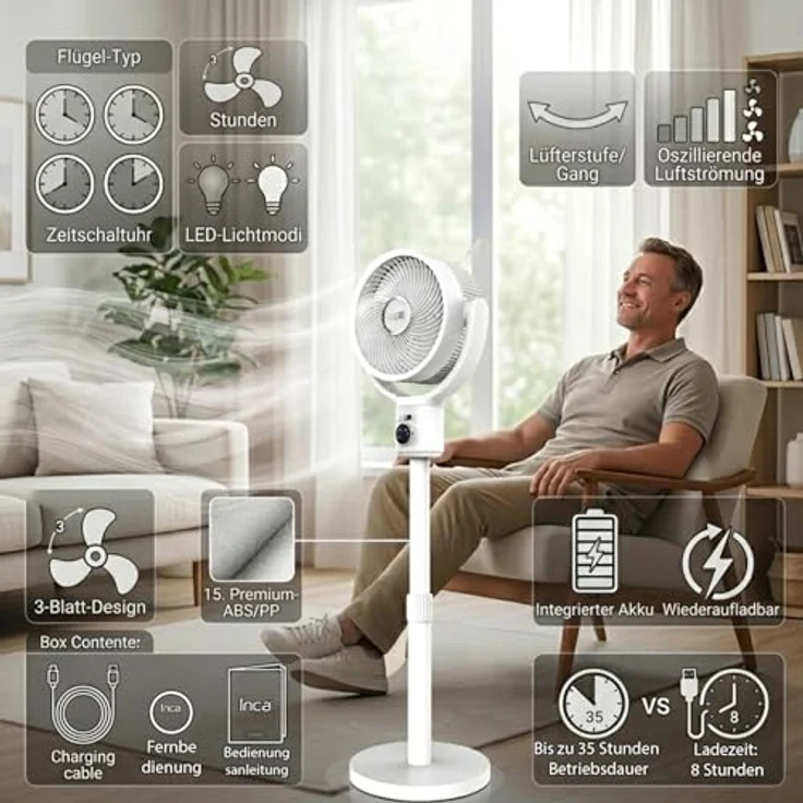 İnca IAF-01B Standventilator, 9000 mAh Akku, leiser BLDC Motor, 5 Geschwindigkeitsstufen, Oszillation, höhenverstellbar, Fernbedienung, ideal für Zuhause & Büro – Bild 5