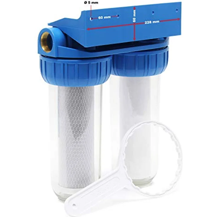 Naturewater NW-BR10B3 2 Stufen Wasserfilter Doppelfilter, 5 µ, 26,16 mm (3/4"), Ø62 mm PP Kartusche, Filter Wandhalterung, Filterschlüssel, Sedimentfilter Aktivkohleblock, Weiß – Bild 2