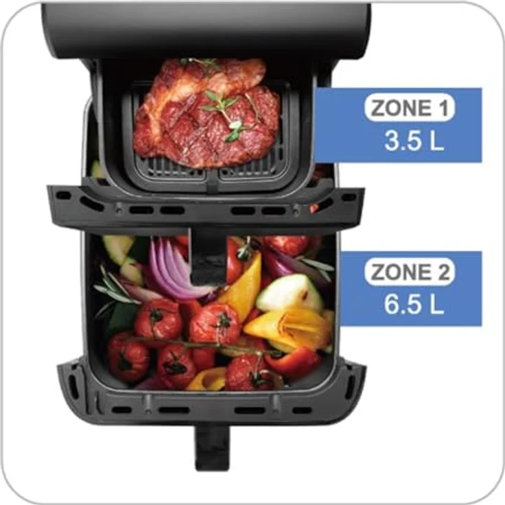 EMERIO Dual Zone Heißluftfritteuse XXL AF-133542, 10L Smart Fryer mit 2 Kammern (3,5L oben & 6,5L unten), Digitales Touch-Display, SYNC-Funktion, 10 Programme, Frittieren ohne Öl – Bild 2