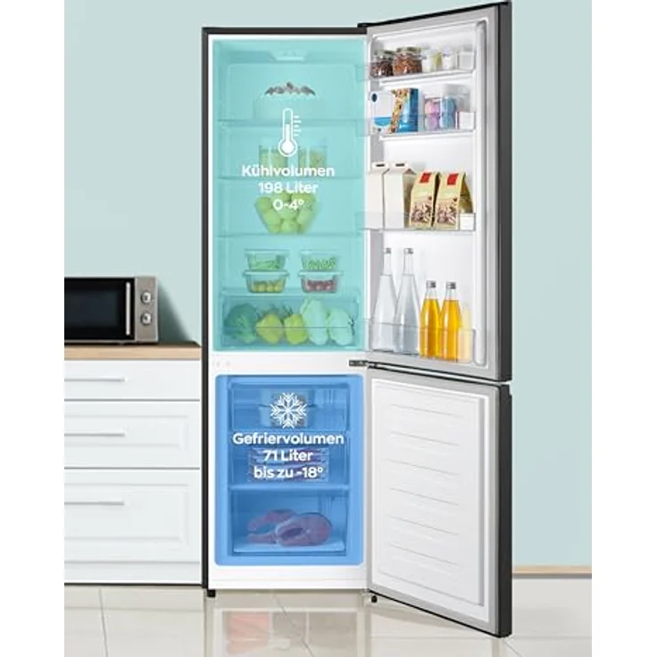 Heinrich´s Kühlgefrierkombination 269 Liter, LED Beleuchtung, leise 39dB, schwarz-inox – Bild 4
