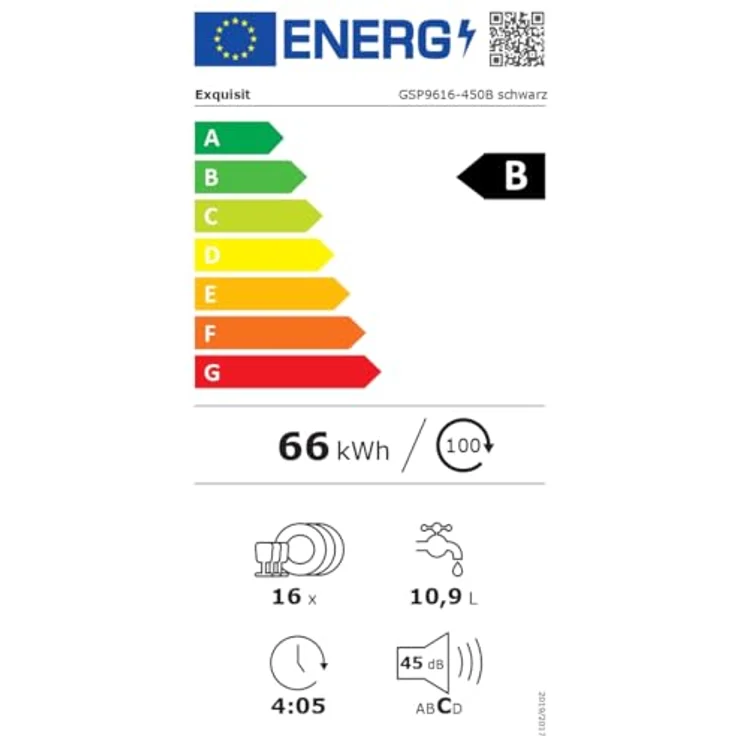 Exquisit GSP9616-450B, Stand-/Unterbau-Geschirrspüler in schwarz, 16 Maßgedecke, Energieklasse B, 45 dB, 8 Programme, Besteckschublade, Halbe Beladung – Bild 11