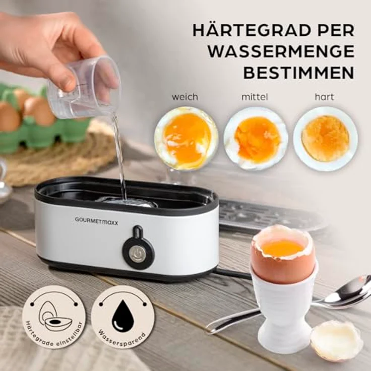 GOURMETmaxx Eierkocher für 3 Eier, kompakter Egg Boiler mit Eierstecher und 3 Härtegraden, spülmaschinenfeste Teile, ideal für Zuhause & unterwegs, Weiß – Bild 3