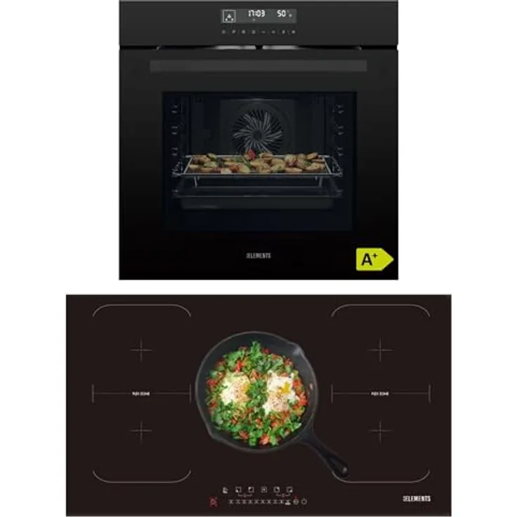 KB ELEMENTS Autarkes Herdset, 60cm Einbaubackofen mit Air Fry Funktion und 90cm Induktionskochfeld mit zwei Flexzonen, 14 Funktionen, inklusive Grill und Heißluft