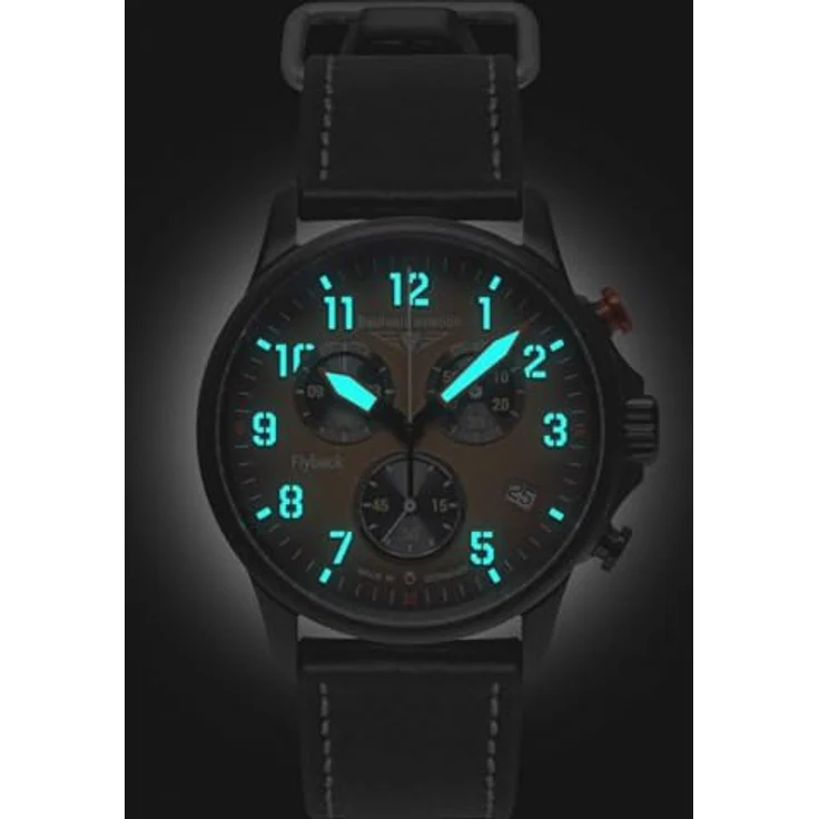 Bauhaus Herrenuhr Aviation Chronograph GMT Schwarz/Braun 2886-1, Lederarmband, Schweizer Quarzwerk – Bild 3