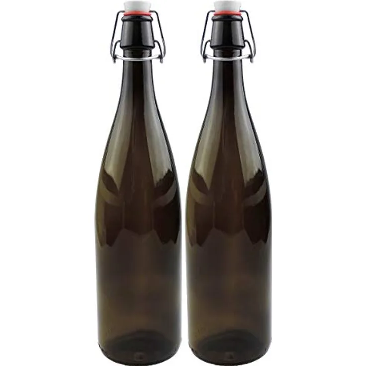 mikken 2 x braune Glasflasche 1 Liter mit Bügelverschluss aus Porzellan, inkl Etiketten