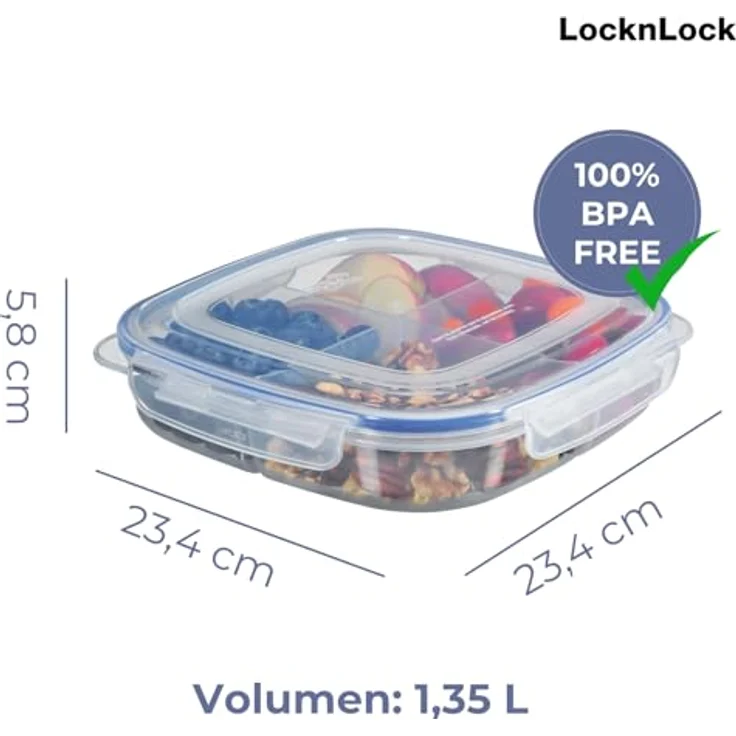 LocknLock TO GO Snackbox 1,35L, Auslaufsichere Lunchbox mit 4 Fächern für Obst und Gemüse, Spülmaschinen- & Mikrowellengeeignet, BPA-freier Snackbehälter – Bild 2
