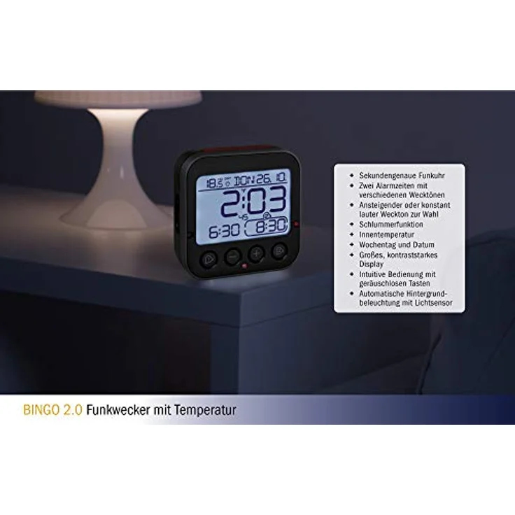 TFA Dostmann Bingo 2.0 digitaler Funk-Wecker mit Temperaturanzeige, Kunststoff, schwarz, (L) 95 x (B) 41 x (H) 96 mm – Bild 3