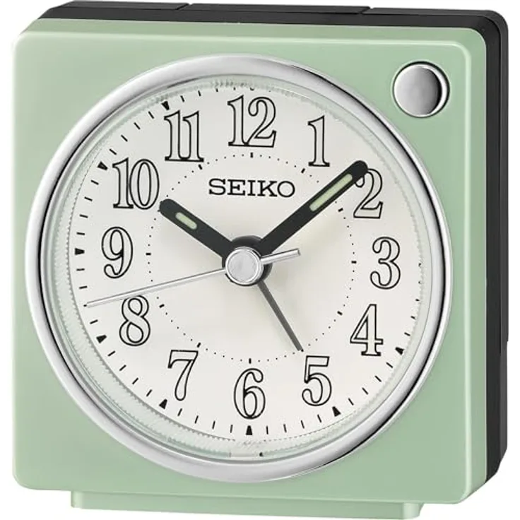 Seiko Quarzwecker QHE197M, Reisewecker mit leuchtenden Zeigern, Piepalarm und analoger Anzeige, grün